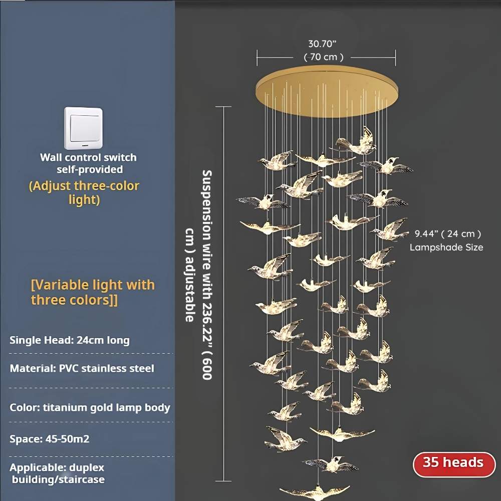 Bird Spiral Long Led Chandelier for Staircase and Foyer - Zelno Lighting