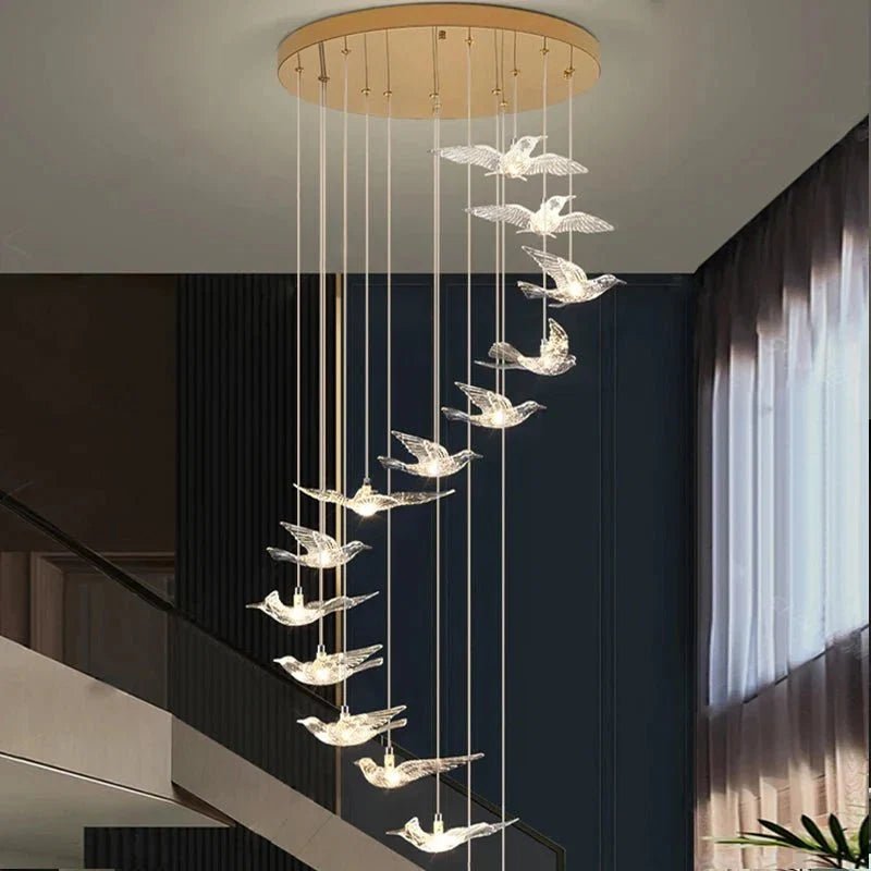 Bird Spiral Long Led Chandelier for Staircase and Foyer - Zelno Lighting