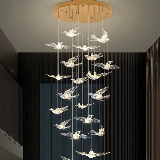 Bird Spiral Long Led Chandelier for Staircase and Foyer - Zelno Lighting