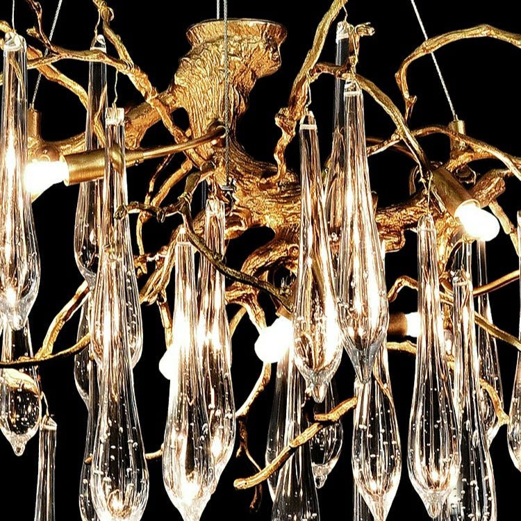 Branch Crystal Drops Chandelier in French Style with Copper Gold Finish for Dining and Living Room Ceiling - Zelno Lighting