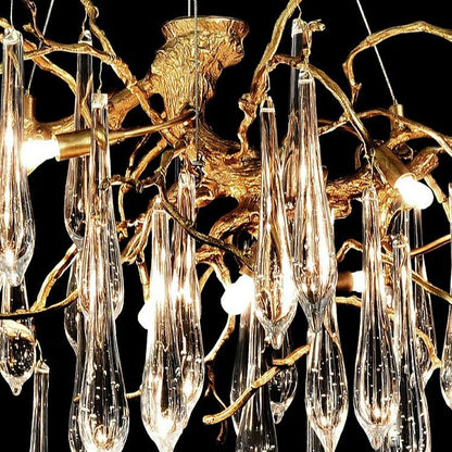 Branch Crystal Drops Chandelier in French Style with Copper Gold Finish for Dining and Living Room Ceiling - Zelno Lighting
