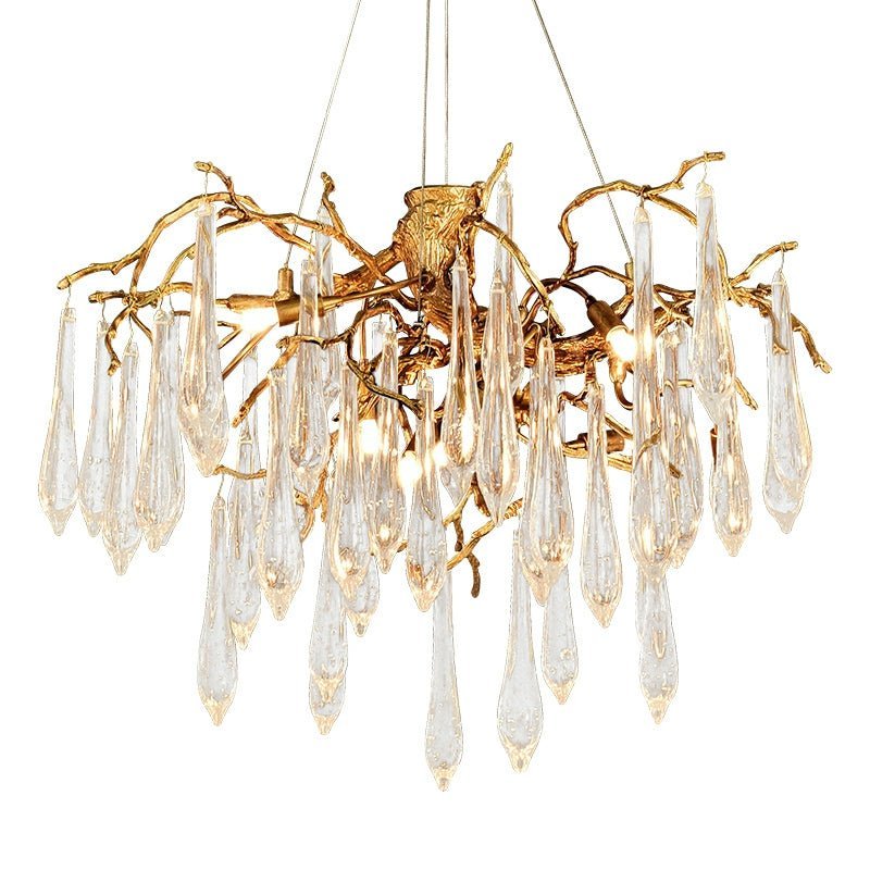 Branch Crystal Drops Chandelier in French Style with Copper Gold Finish for Dining and Living Room Ceiling - Zelno Lighting