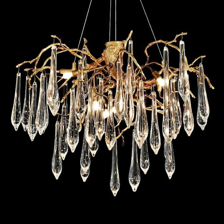Branch Crystal Drops Chandelier in French Style with Copper Gold Finish for Dining and Living Room Ceiling - Zelno Lighting
