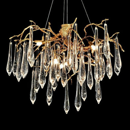 Branch Crystal Drops Chandelier in French Style with Copper Gold Finish for Dining and Living Room Ceiling - Zelno Lighting