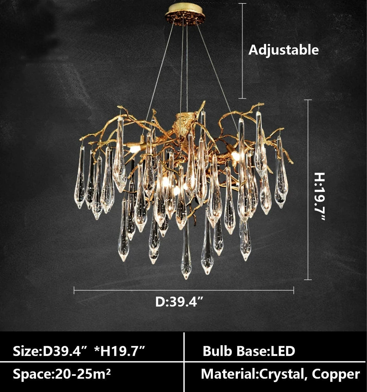 Branch Crystal Drops Chandelier in French Style with Copper Gold Finish for Dining and Living Room Ceiling - Zelno Lighting