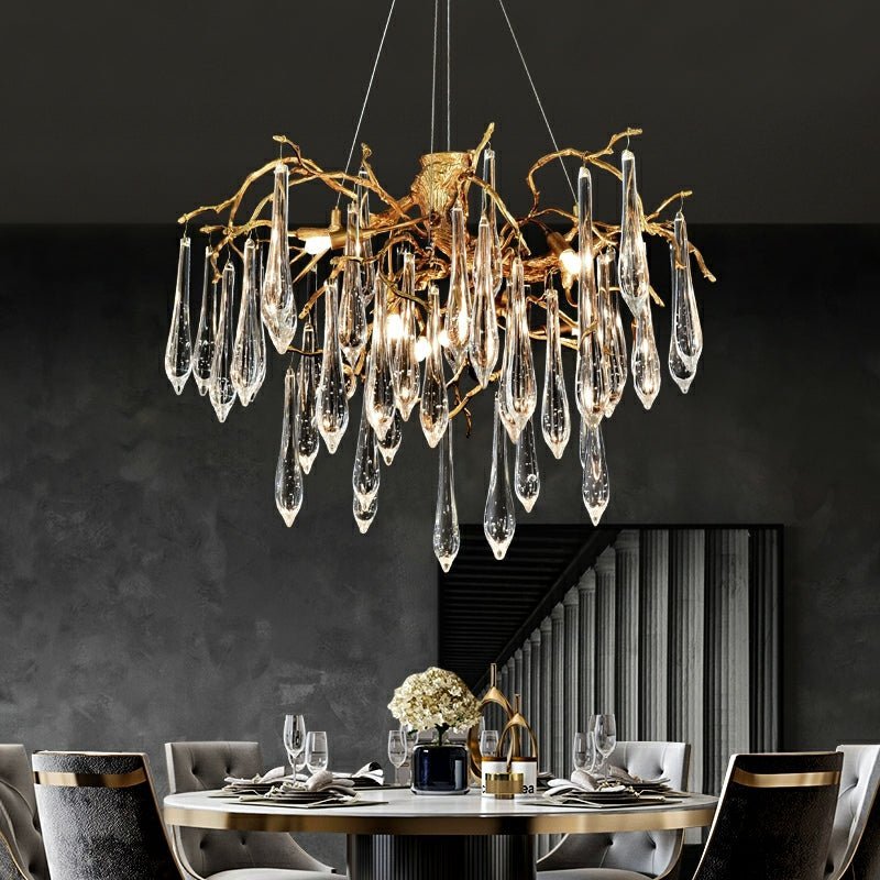 Branch Crystal Drops Chandelier in French Style with Copper Gold Finish for Dining and Living Room Ceiling - Zelno Lighting