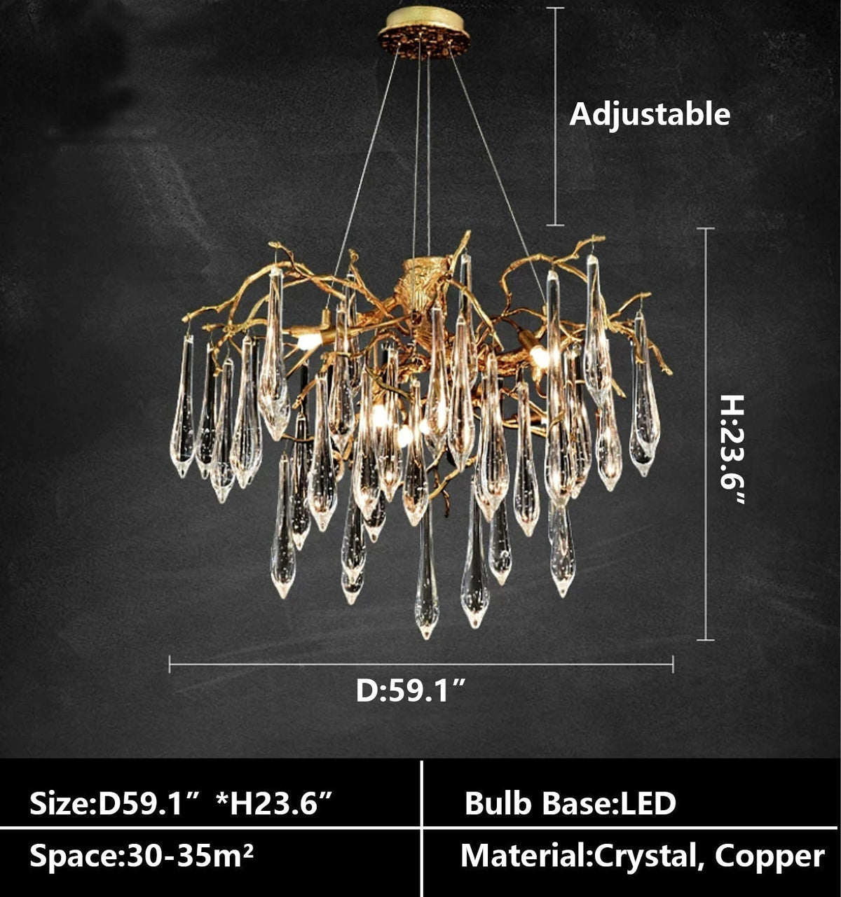 Branch Crystal Drops Chandelier in French Style with Copper Gold Finish for Dining and Living Room Ceiling - Zelno Lighting