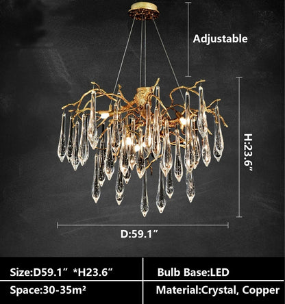 Branch Crystal Drops Chandelier in French Style with Copper Gold Finish for Dining and Living Room Ceiling - Zelno Lighting