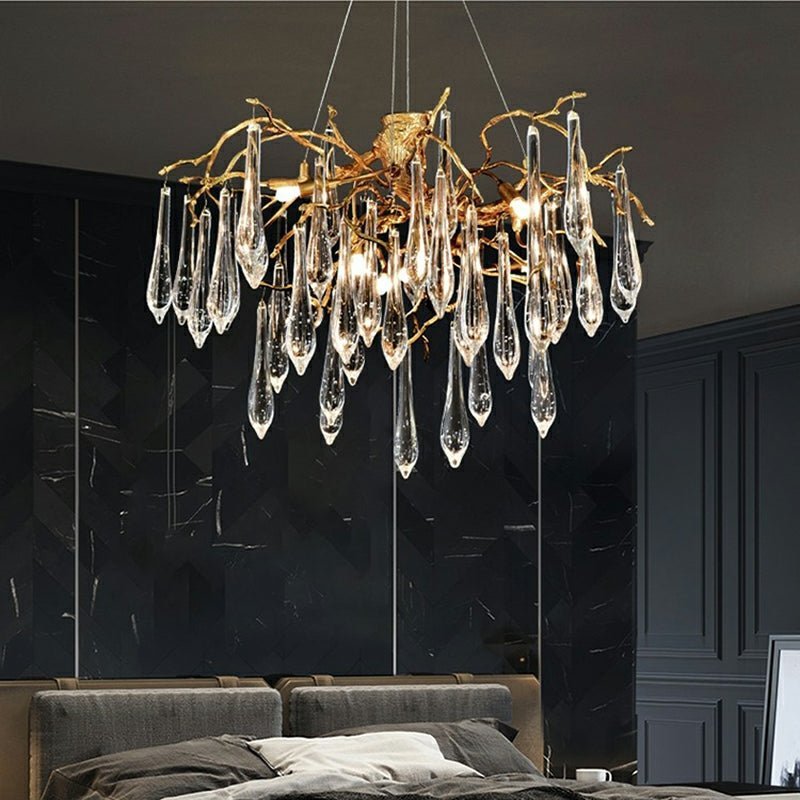 Branch Crystal Drops Chandelier in French Style with Copper Gold Finish for Dining and Living Room Ceiling - Zelno Lighting