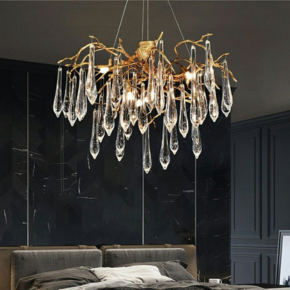 Branch Crystal Drops Chandelier in French Style with Copper Gold Finish for Dining and Living Room Ceiling - Zelno Lighting
