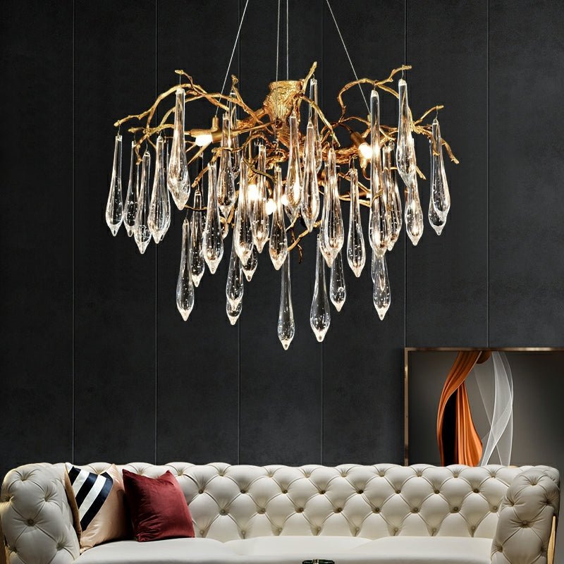 Branch Crystal Drops Chandelier in French Style with Copper Gold Finish for Dining and Living Room Ceiling - Zelno Lighting