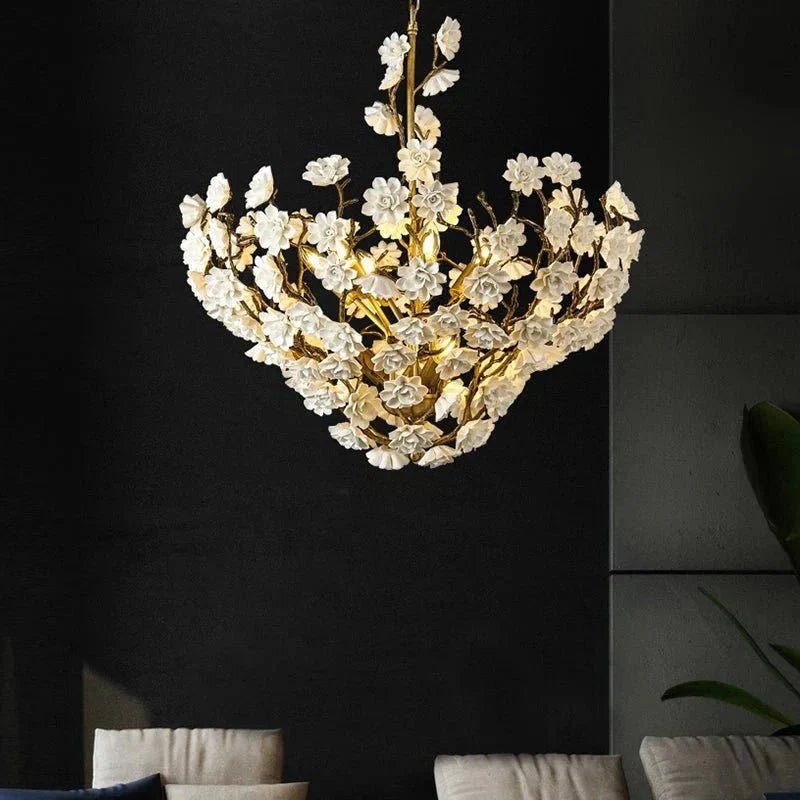 Brass and Ceramic Flower Art Chandelier Post Modern Light Luxury Style for Living and Dining Areas - Zelno Lighting