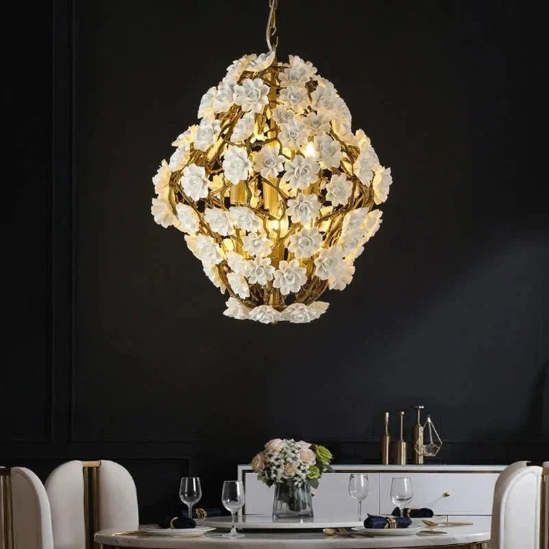 Brass and Ceramic Flower Art Chandelier Post Modern Light Luxury Style for Living and Dining Areas - Zelno Lighting