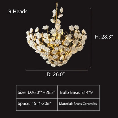 Brass and Ceramic Flower Art Chandelier Post Modern Light Luxury Style for Living and Dining Areas - Zelno Lighting