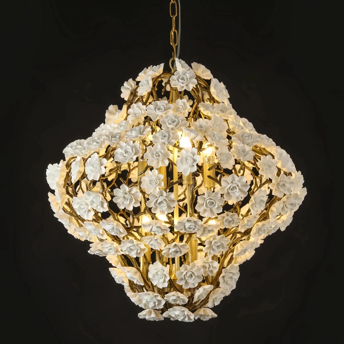 Brass and Ceramic Flower Art Chandelier Post Modern Light Luxury Style for Living and Dining Areas - Zelno Lighting