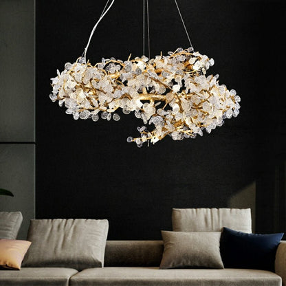 Brass Branch Chandelier with Crystal Leaf Accents Elegant Style for Living or Bedroom Decor - Zelno Lighting