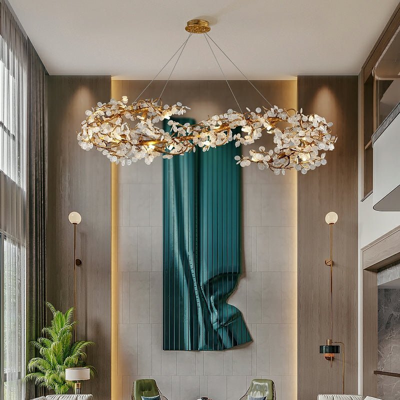 Brass Branch Chandelier with Crystal Leaf Accents Elegant Style for Living or Bedroom Decor - Zelno Lighting