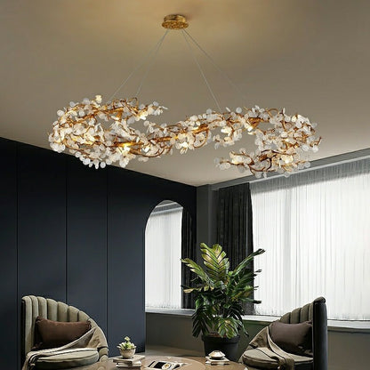 Brass Branch Chandelier with Crystal Leaf Accents Elegant Style for Living or Bedroom Decor - Zelno Lighting