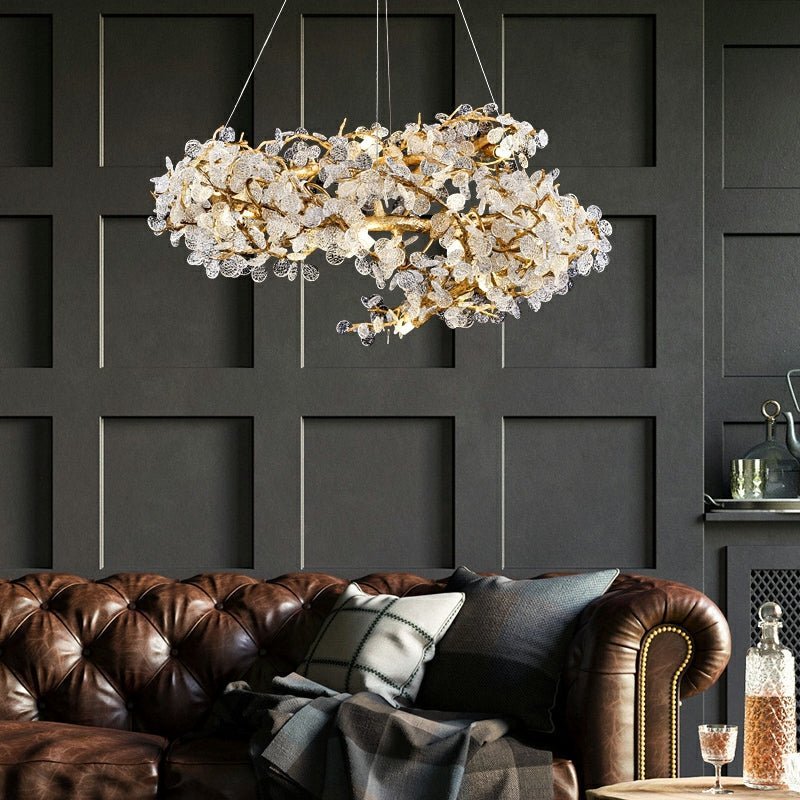 Brass Branch Chandelier with Crystal Leaf Accents Elegant Style for Living or Bedroom Decor - Zelno Lighting