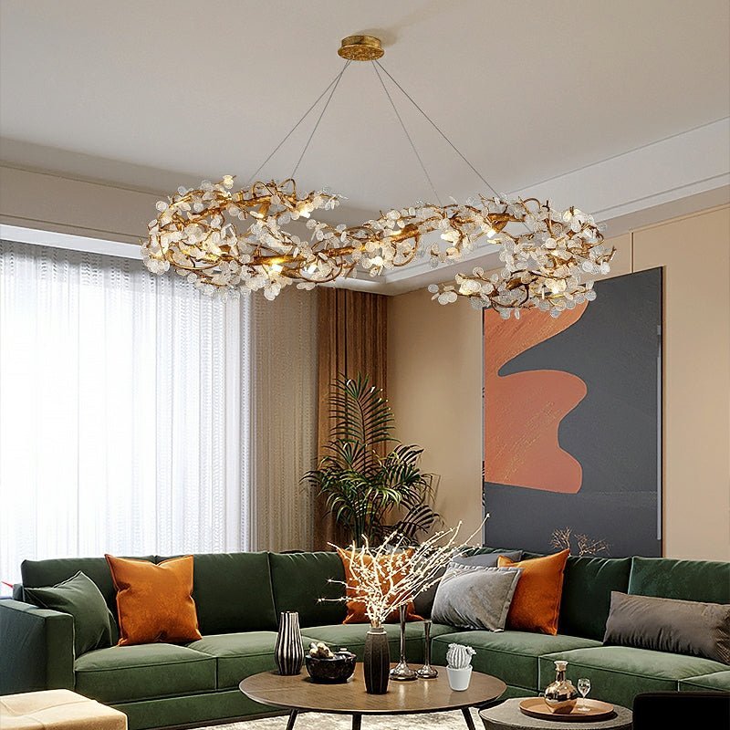 Brass Branch Chandelier with Crystal Leaf Accents Elegant Style for Living or Bedroom Decor - Zelno Lighting