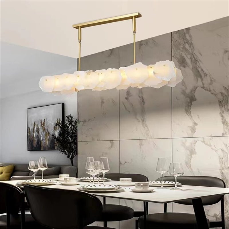 Carlos Alabaster Modern Snowflake Linear Chandelier Over Dining Table - Zelno Lighting
