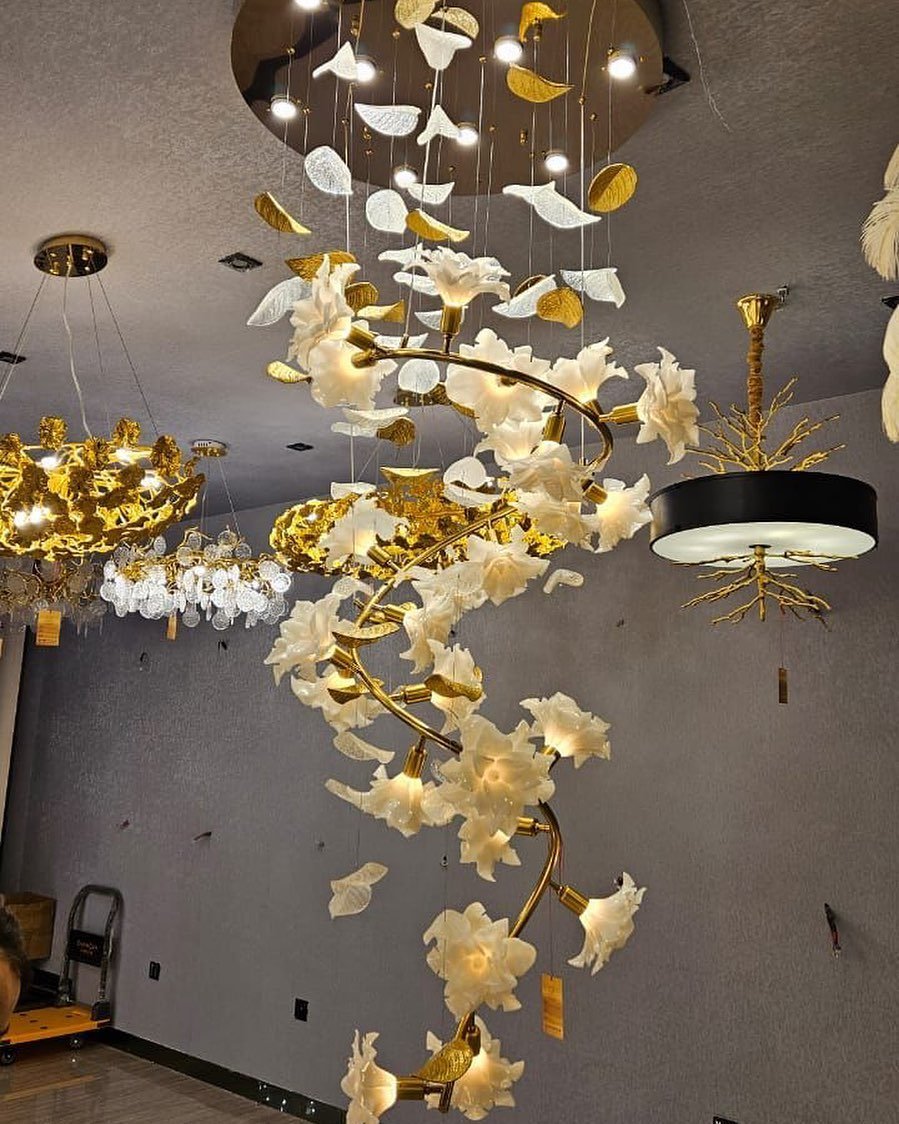 Ceramic Flower Chandelier in Artistic Brass Branch Design - Zelno Lighting