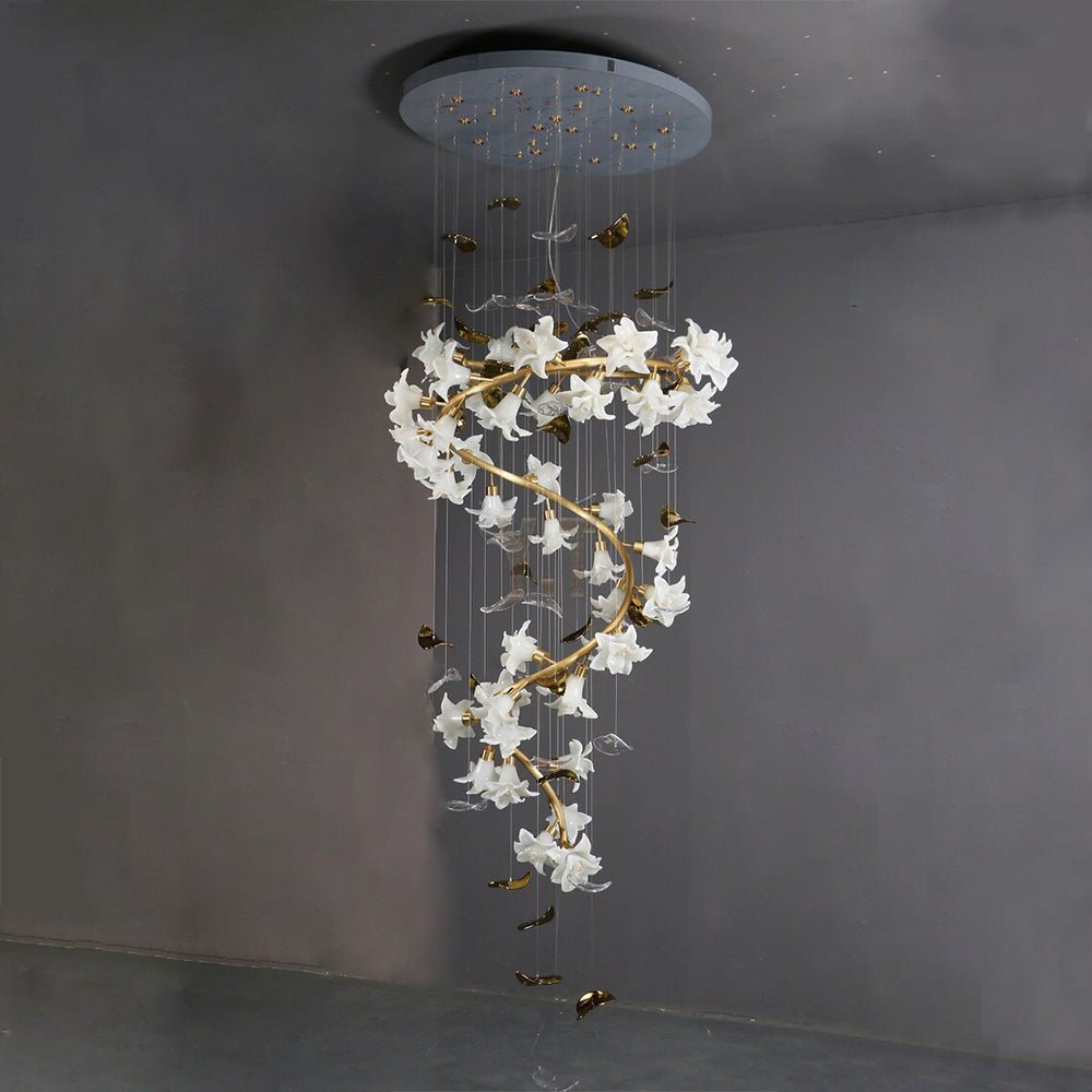 Ceramic Flower Chandelier in Artistic Brass Branch Design - Zelno Lighting