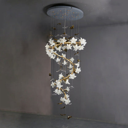 Ceramic Flower Chandelier in Artistic Brass Branch Design - Zelno Lighting