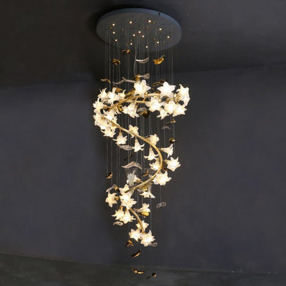 Ceramic Flower Chandelier in Artistic Brass Branch Design - Zelno Lighting