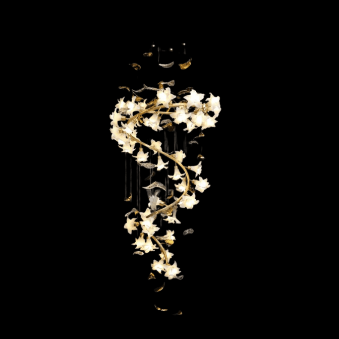 Ceramic Flower Chandelier in Artistic Brass Branch Design - Zelno Lighting