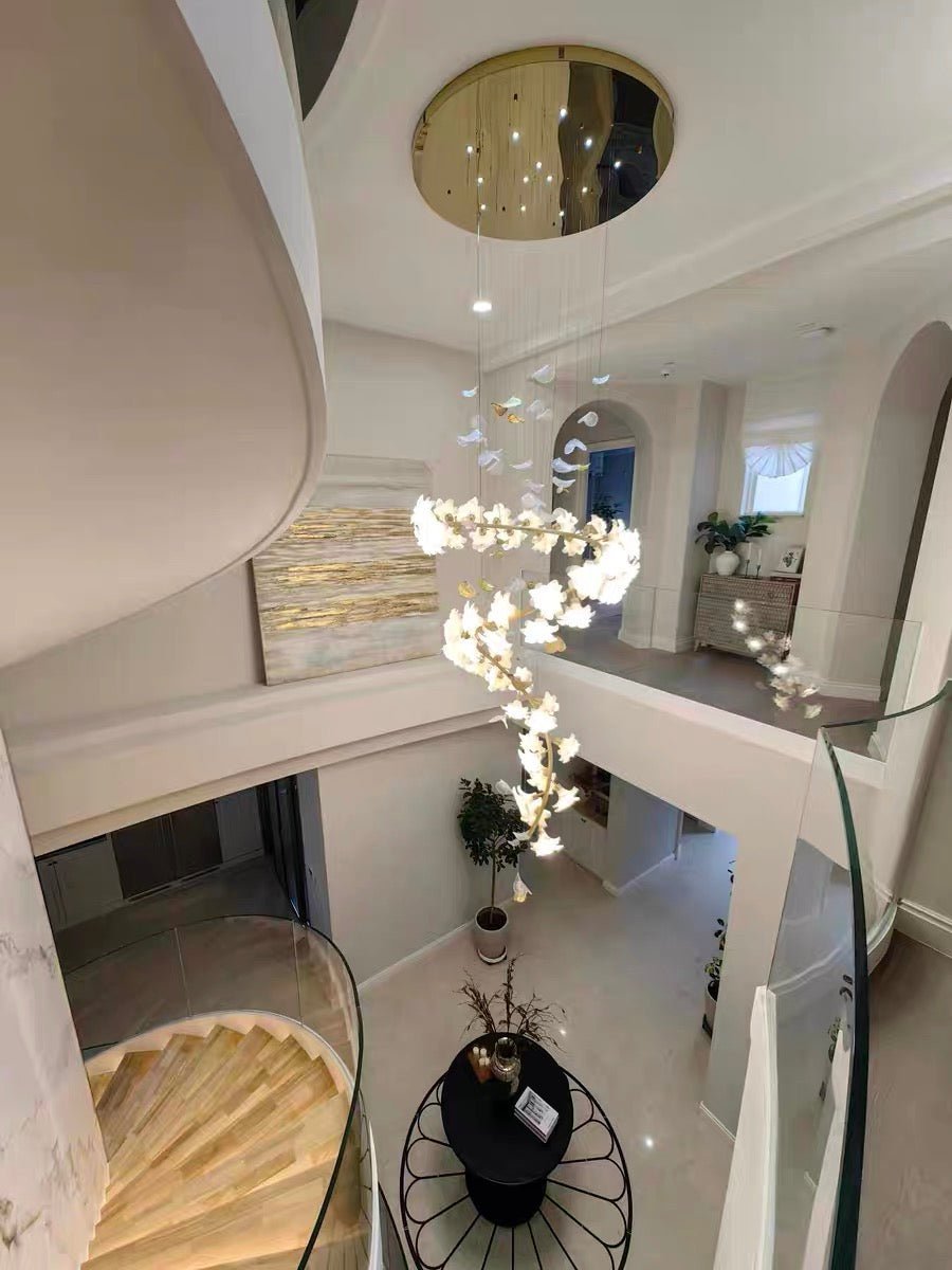 Ceramic Flower Chandelier in Artistic Brass Branch Design - Zelno Lighting