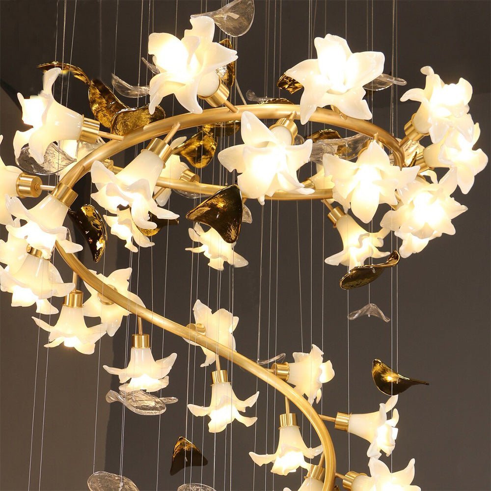 Ceramic Flower Chandelier in Artistic Brass Branch Design - Zelno Lighting