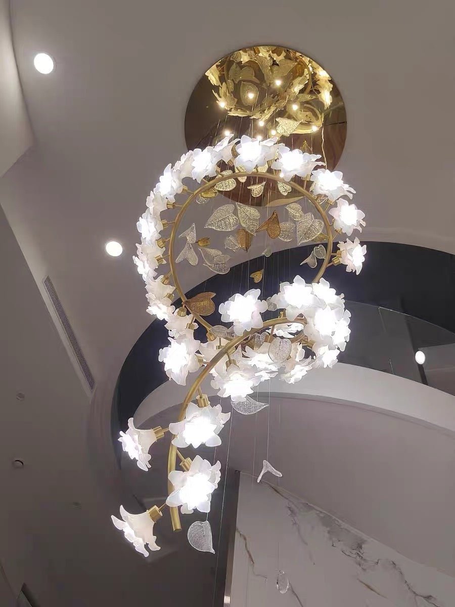 Ceramic Flower Chandelier in Artistic Brass Branch Design - Zelno Lighting