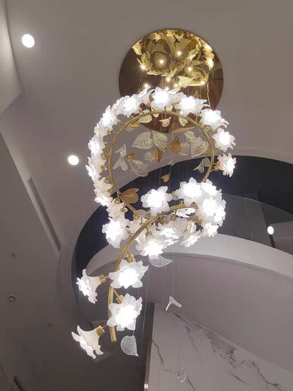 Ceramic Flower Chandelier in Artistic Brass Branch Design - Zelno Lighting
