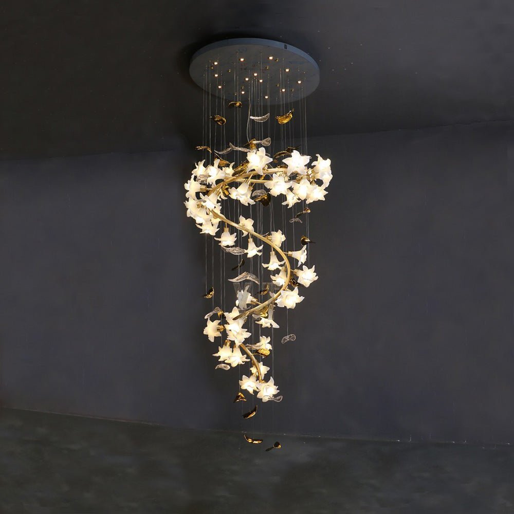 Ceramic Flower Chandelier in Artistic Brass Branch Design - Zelno Lighting