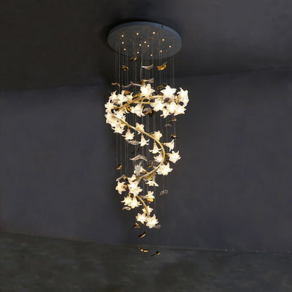 Ceramic Flower Chandelier in Artistic Brass Branch Design - Zelno Lighting