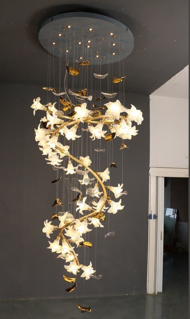 Ceramic Flower Chandelier in Artistic Brass Branch Design - Zelno Lighting