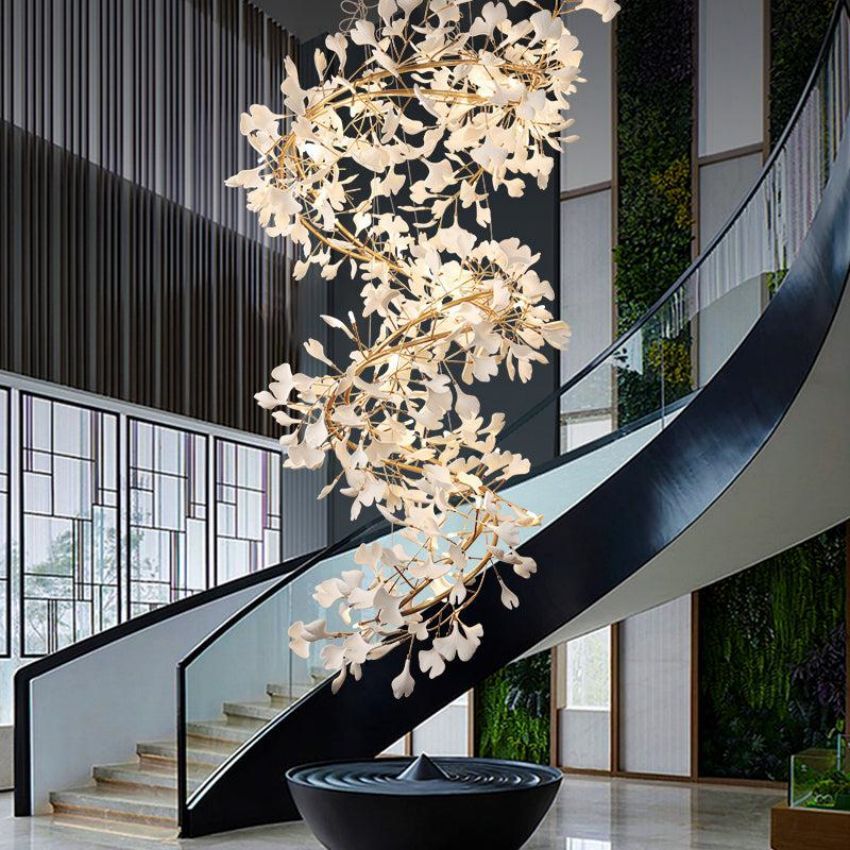 Ceramic Gingko Staircase Branch Chandelier - Zelno Lighting