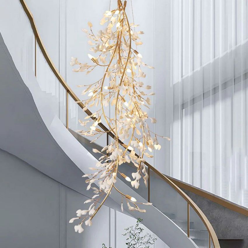 Ceramic Gingko Staircase Branch Chandelier - Zelno Lighting