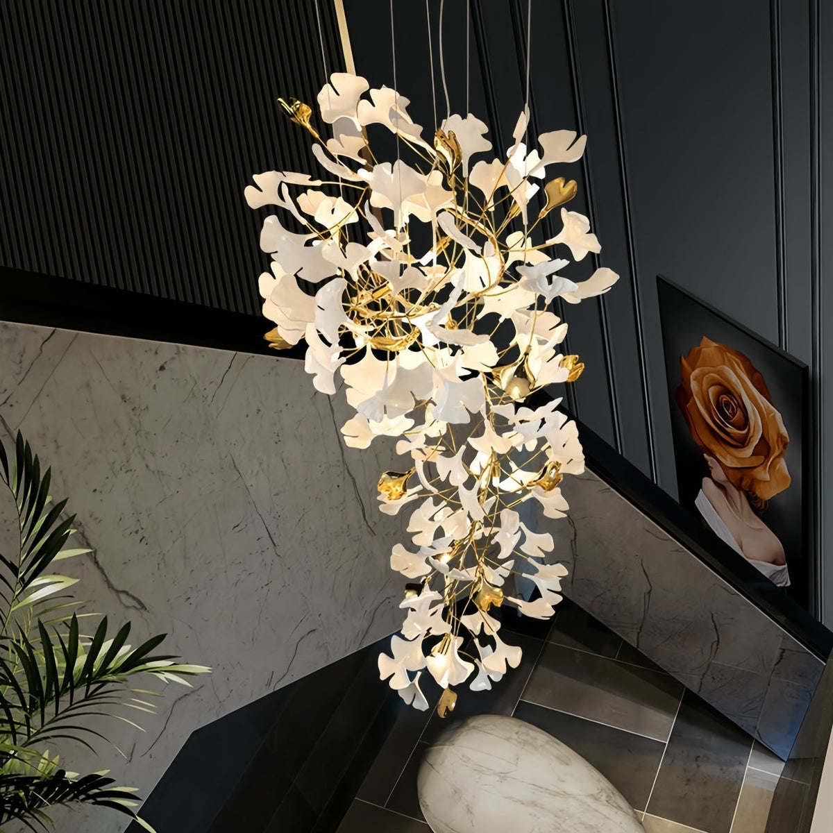 Ceramic Ginkgo Cascading A Branch Chandelier - Zelno Lighting