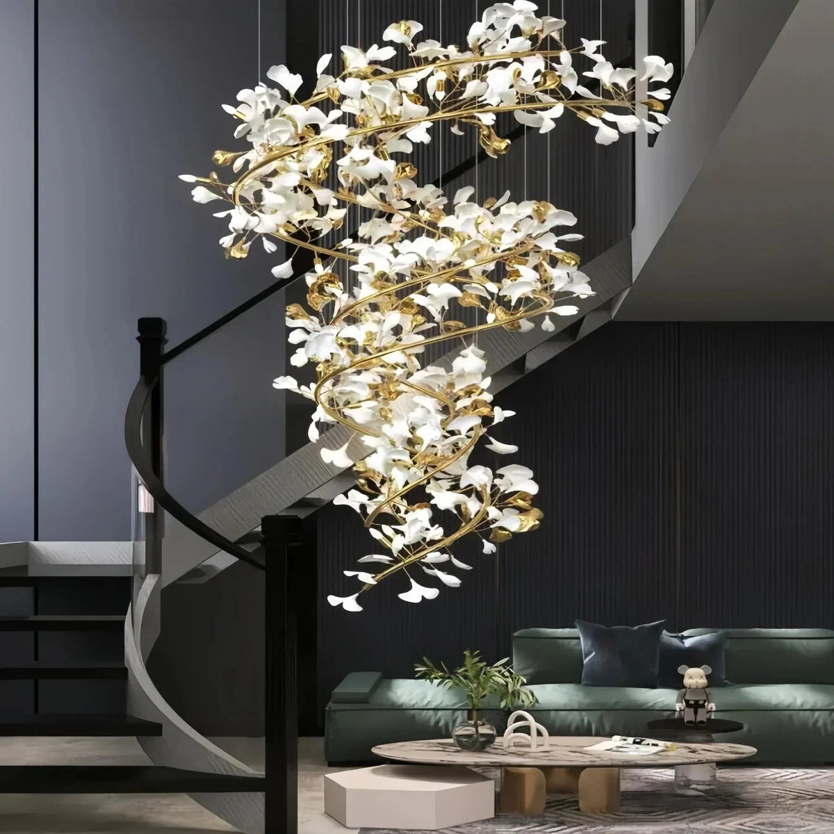 Ceramic Ginkgo Cascading B (Spiral) Branch Chandelier - Zelno Lighting