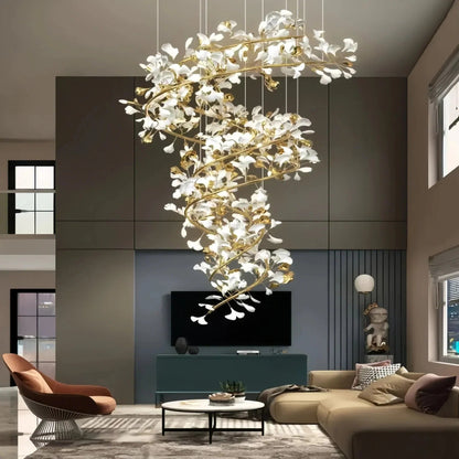 Ceramic Ginkgo Cascading B (Spiral) Branch Chandelier - Zelno Lighting