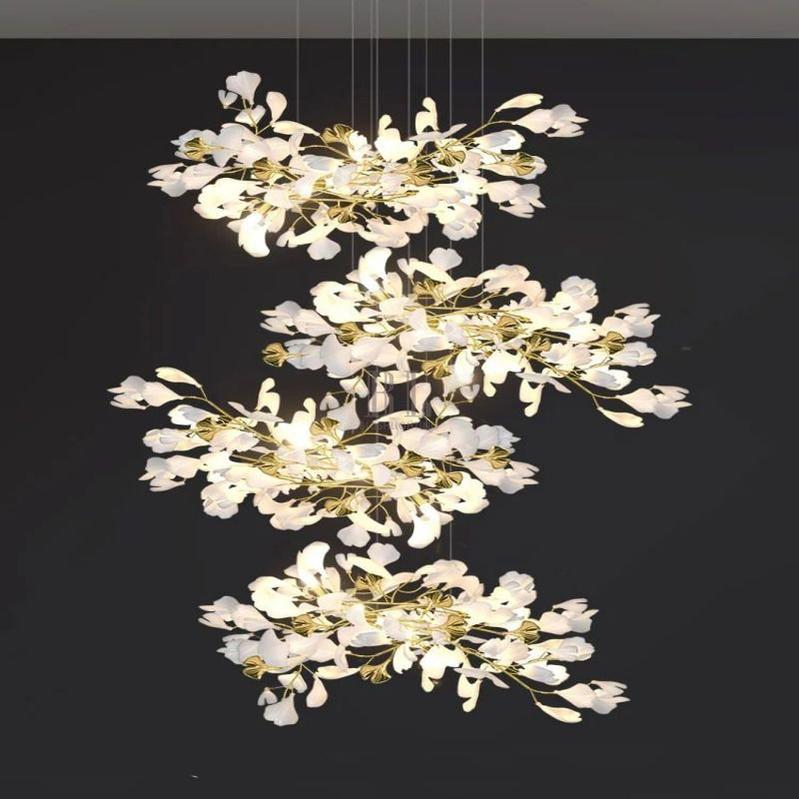 Ceramic Ginkgo Cascading C (Alternating) Branch Chandelier - Zelno Lighting