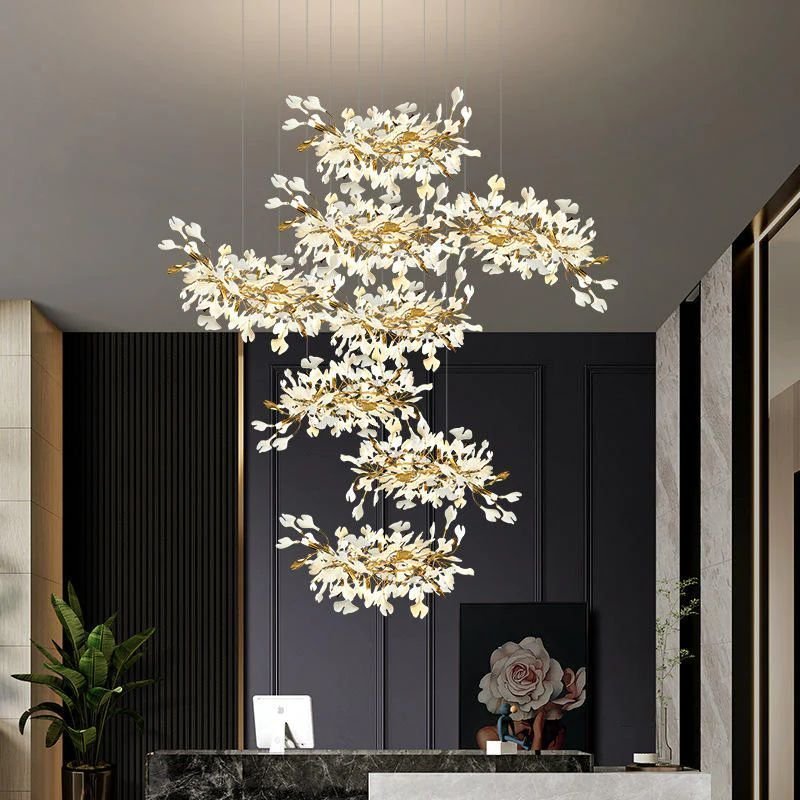 Ceramic Ginkgo Cascading C (Alternating) Branch Chandelier - Zelno Lighting