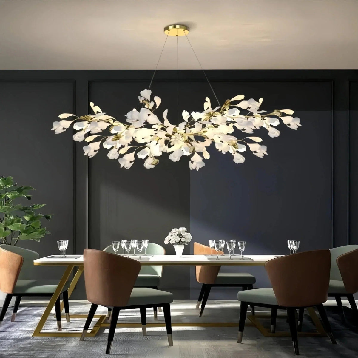 Ceramic Ginkgo Linear Branch Chandelier - Zelno Lighting