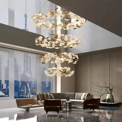 Ceramic Ginkgo Rings Linear Branch Chandelier - Zelno Lighting
