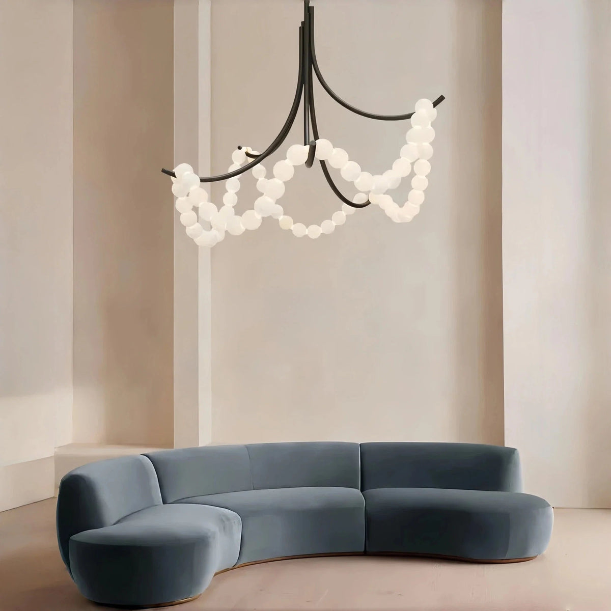 Cluster String Pearl Alabaster Chandelier in Brass & Black Metal Rod - Zelno Lighting