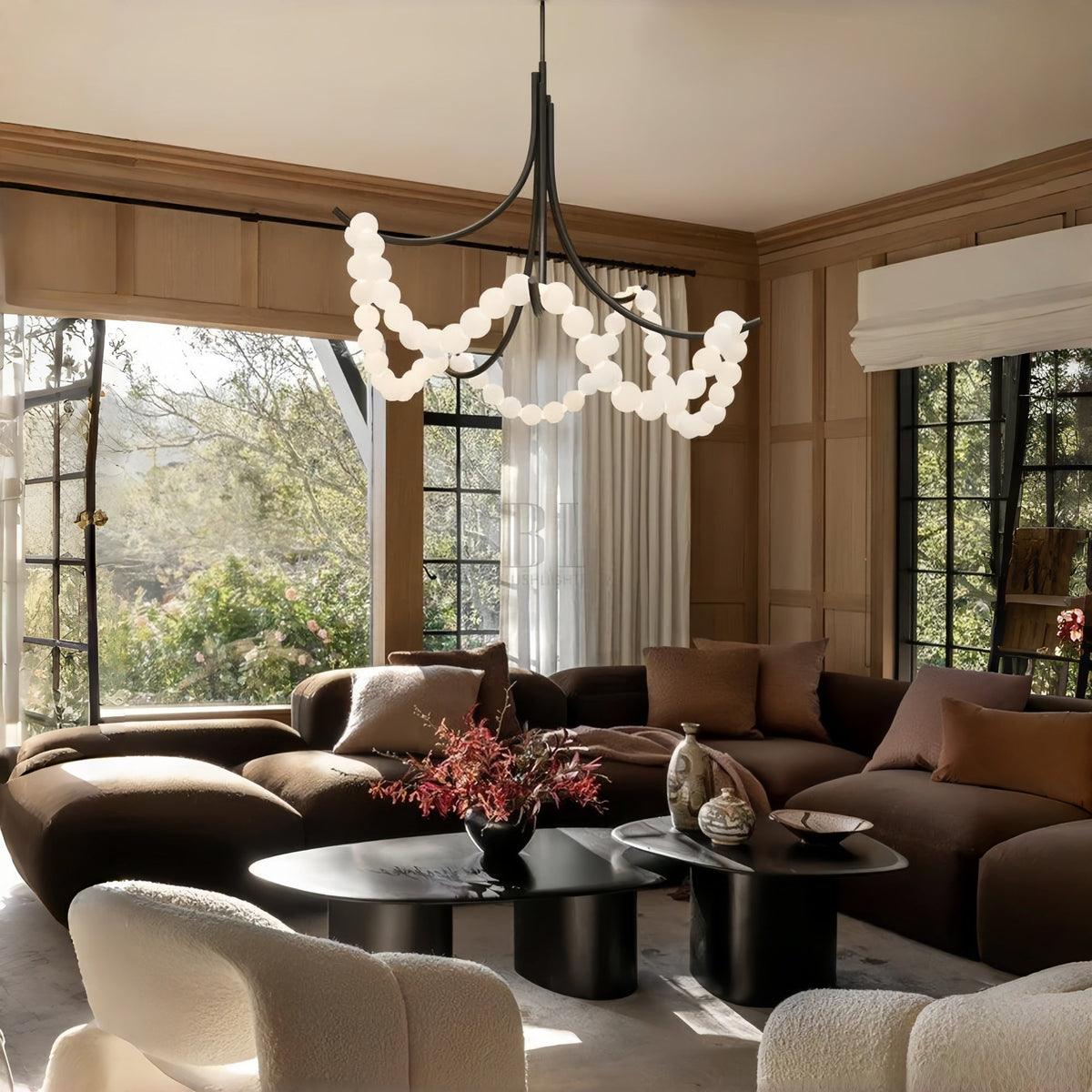 Cluster String Pearl Alabaster Chandelier in Brass & Black Metal Rod - Zelno Lighting