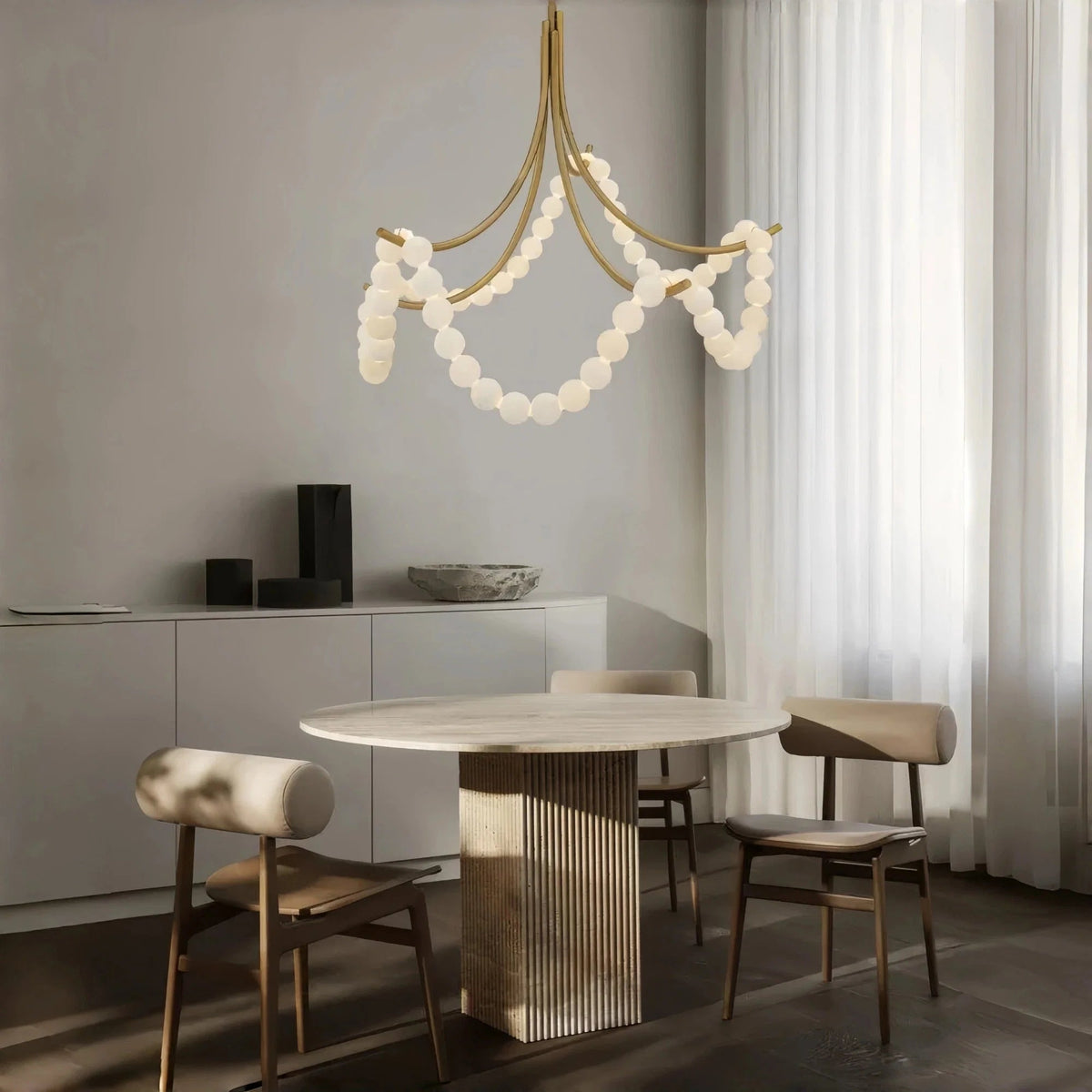 Cluster String Pearl Alabaster Chandelier in Brass & Black Metal Rod - Zelno Lighting