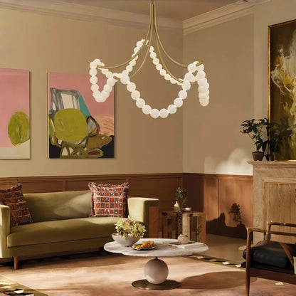 Cluster String Pearl Alabaster Chandelier in Brass & Black Metal Rod - Zelno Lighting
